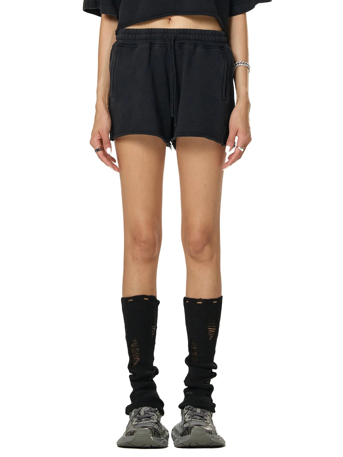 Snow Washed Raw Edge Drawstring FLEX Shorts.